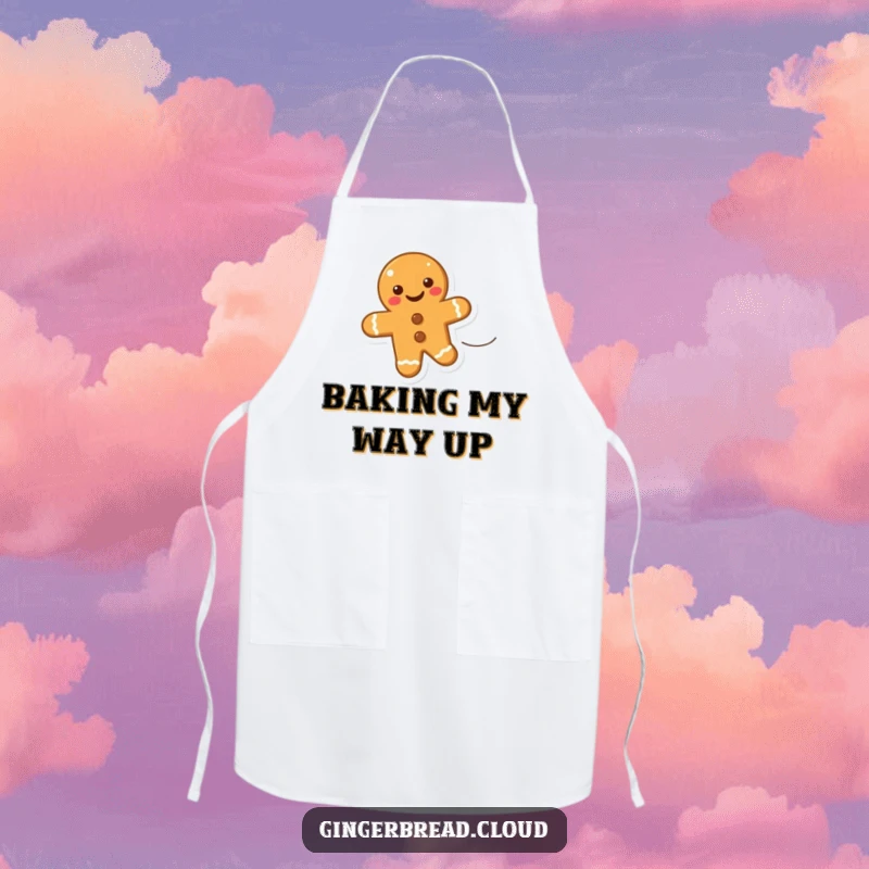 Funny apron showing a happy gingerbread cookie floating upwards on a breeze, perfect for kitchen tasks with a cheerful vibe.