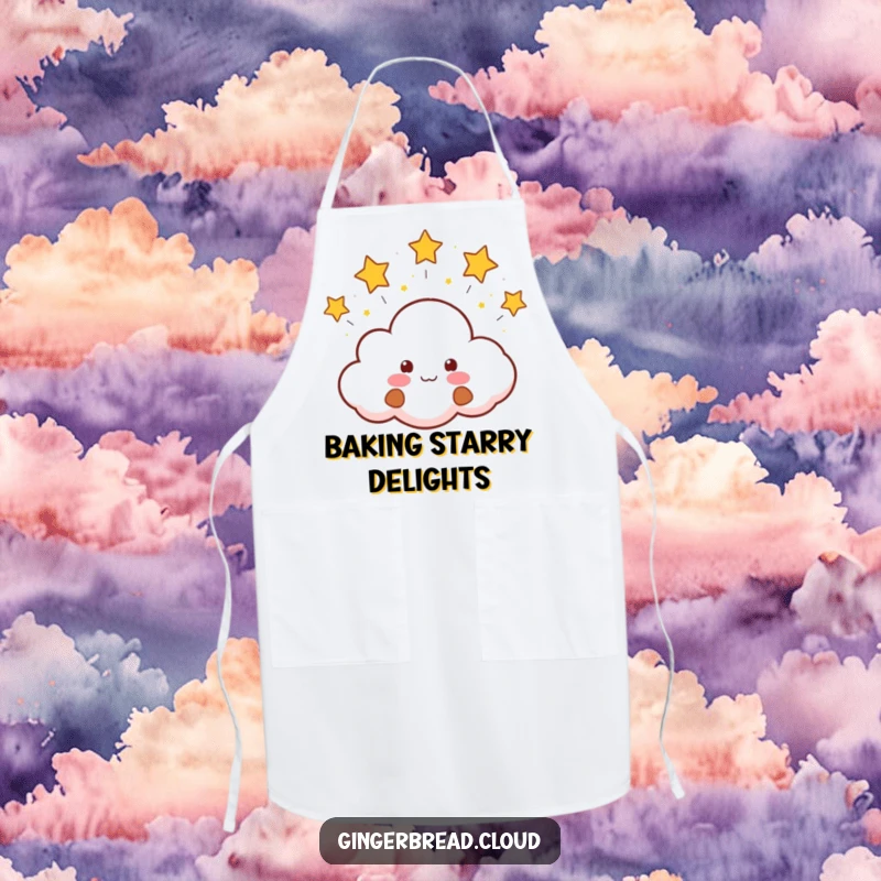Funny kitchen apron with a cute gingerbread cloud face blowing small, twinkling stars. Ideal for chefs and bakers.