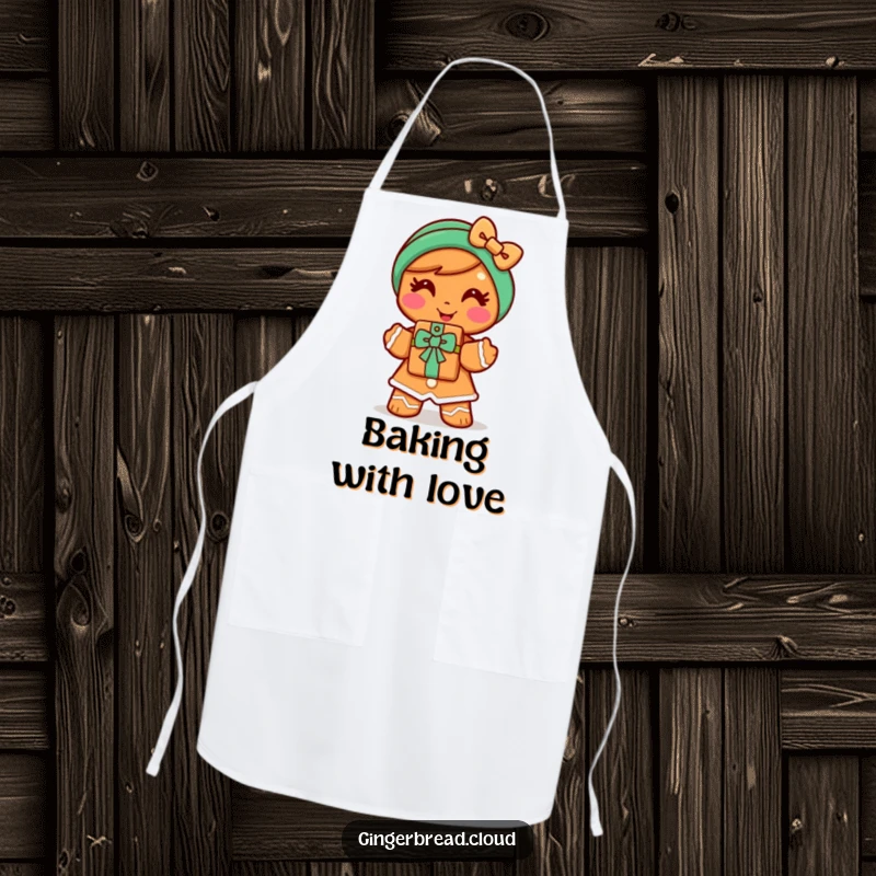 Funny gingerbread woman apron featuring a cheerful character offering a cookie gift with a smile, adding a sweet and kind touch to cooking.