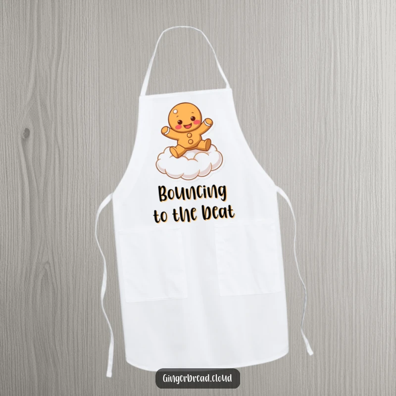 Funny gingerbread character bouncing on a fluffy cloud, featured on a practical kitchen apron.