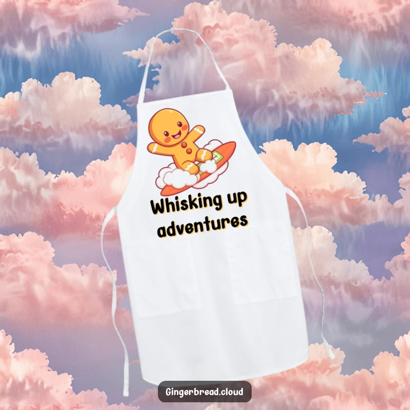 Funny gingerbread man character surfing on a cloud, illustrated on a practical apron for kitchen use.