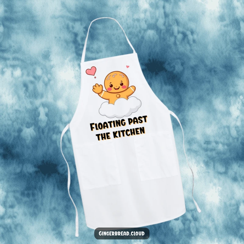 Funny gingerbread character waving goodbye, floating on a cloud, featured on a practical kitchen apron.
