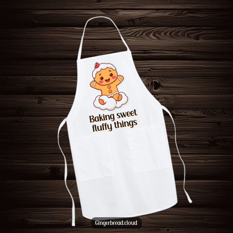 Funny Apron: Kitchen wear featuring a smiling gingerbread man with frosting, playfully jumping on a fluffy cloud.