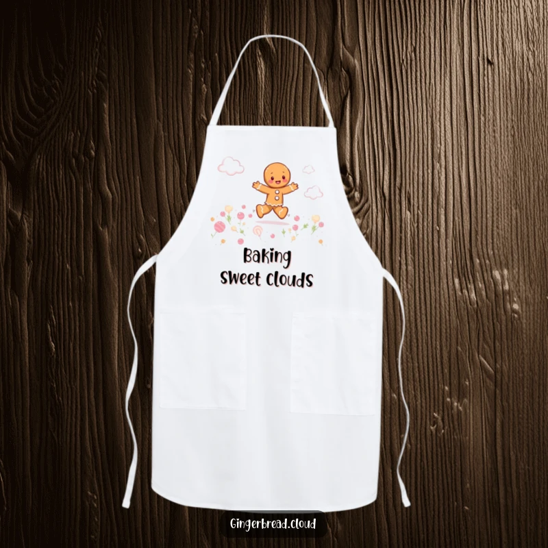 Funny gingerbread person playfully skipping through a field of candy clouds, whimsical cooking apron, sweet and cheerful kitchen accessory.