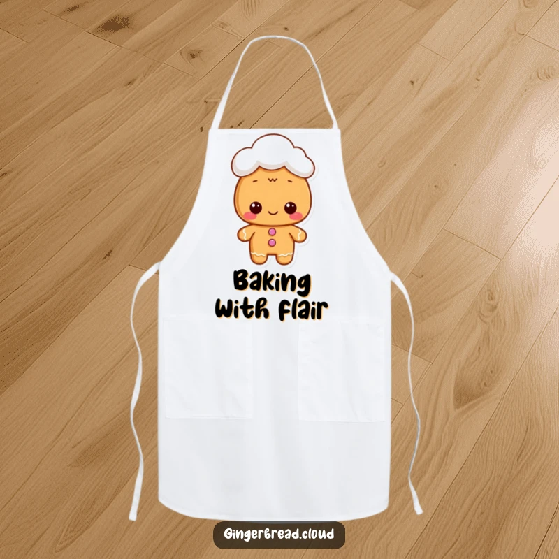 Funny apron design of a gingerbread character wearing a cloud hat, bringing whimsical sweetness to the kitchen.