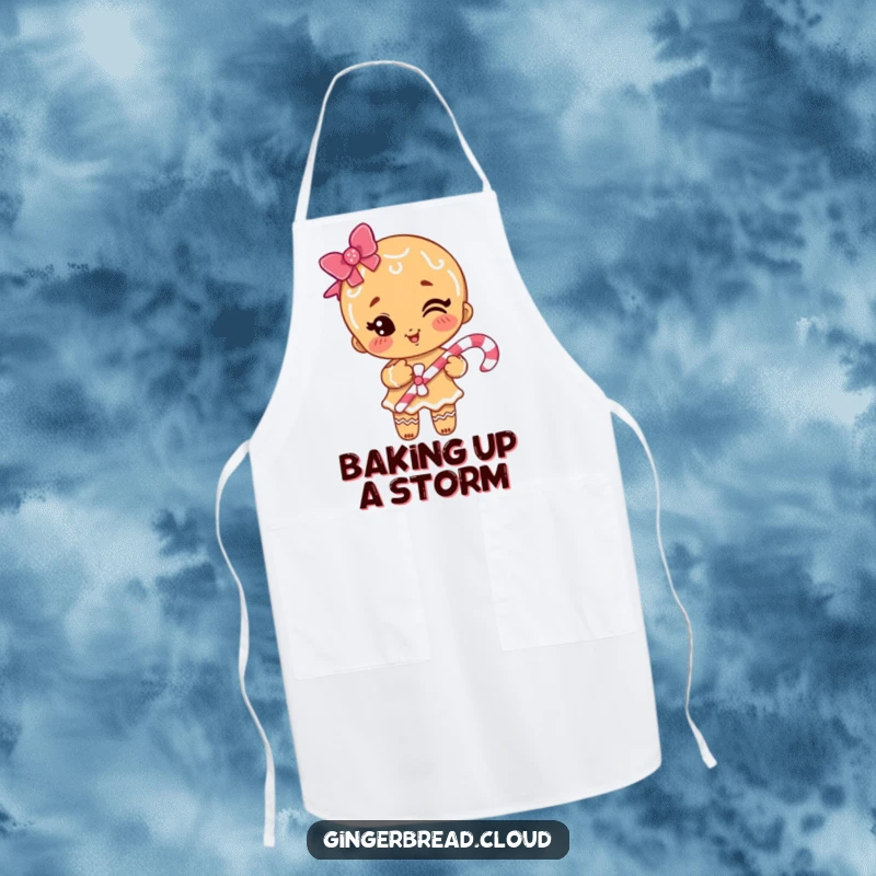Funny gingerbread girl winking with a candy cane on a kitchen apron, ready for festive cooking and baking.