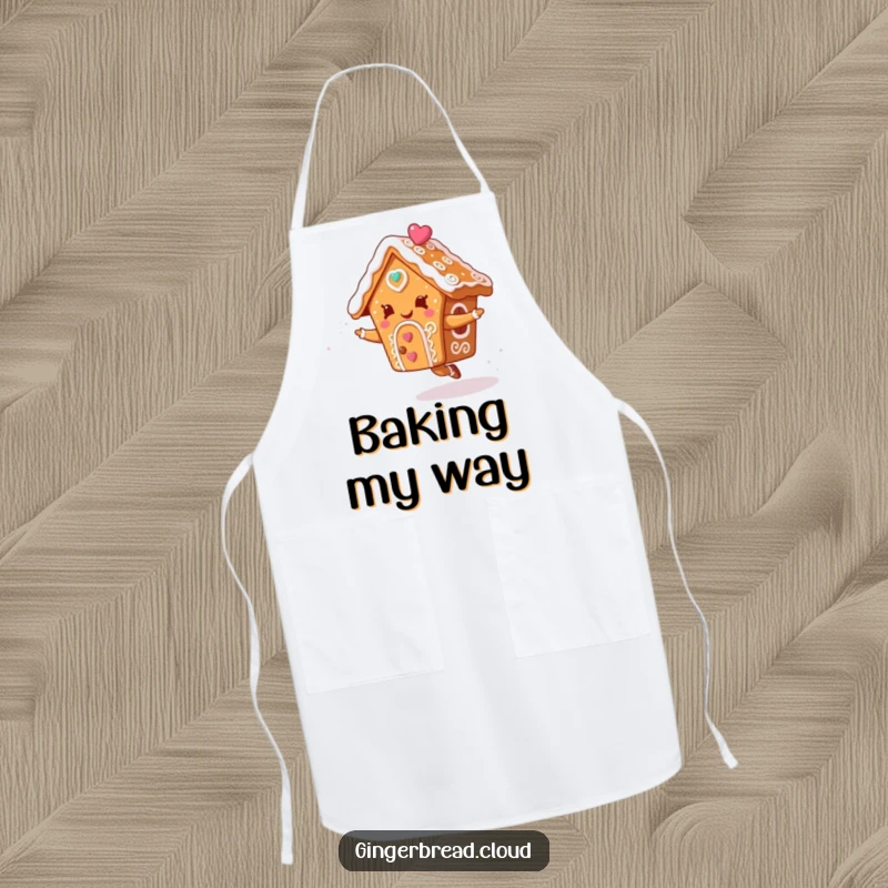 Funny apron for bakers featuring a gingerbread house with icing swirls dancing joyfully in the sky, perfect for kitchen fun.