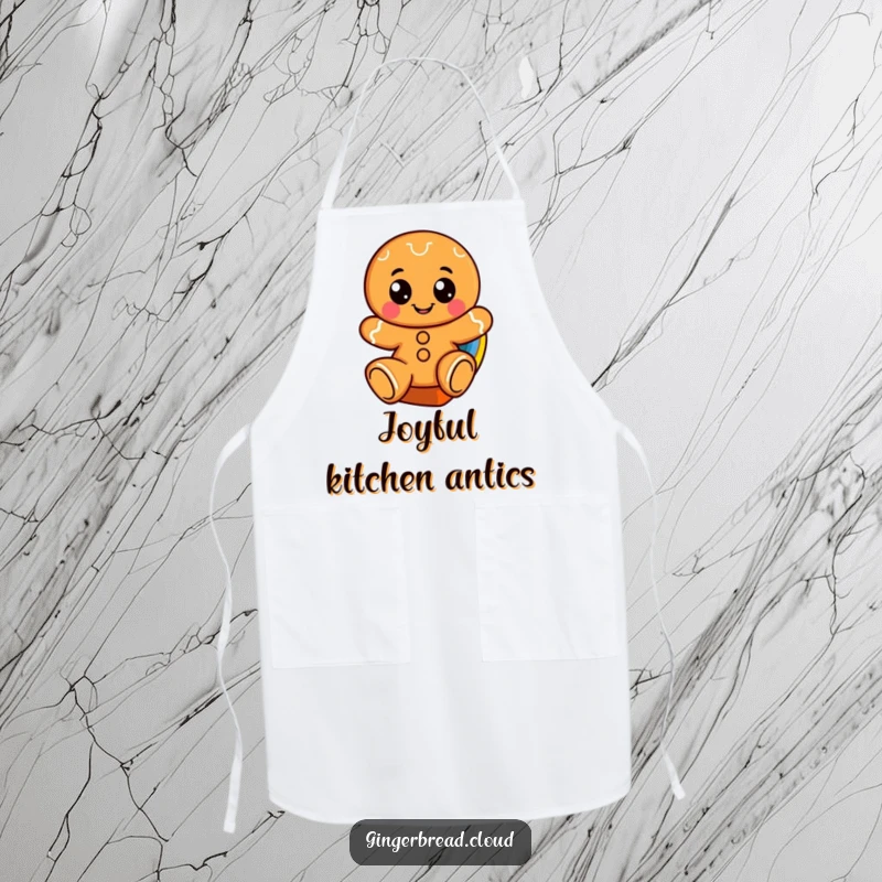 Funny apron showing a cheerful gingerbread character with large eyes, sliding down a rainbow.