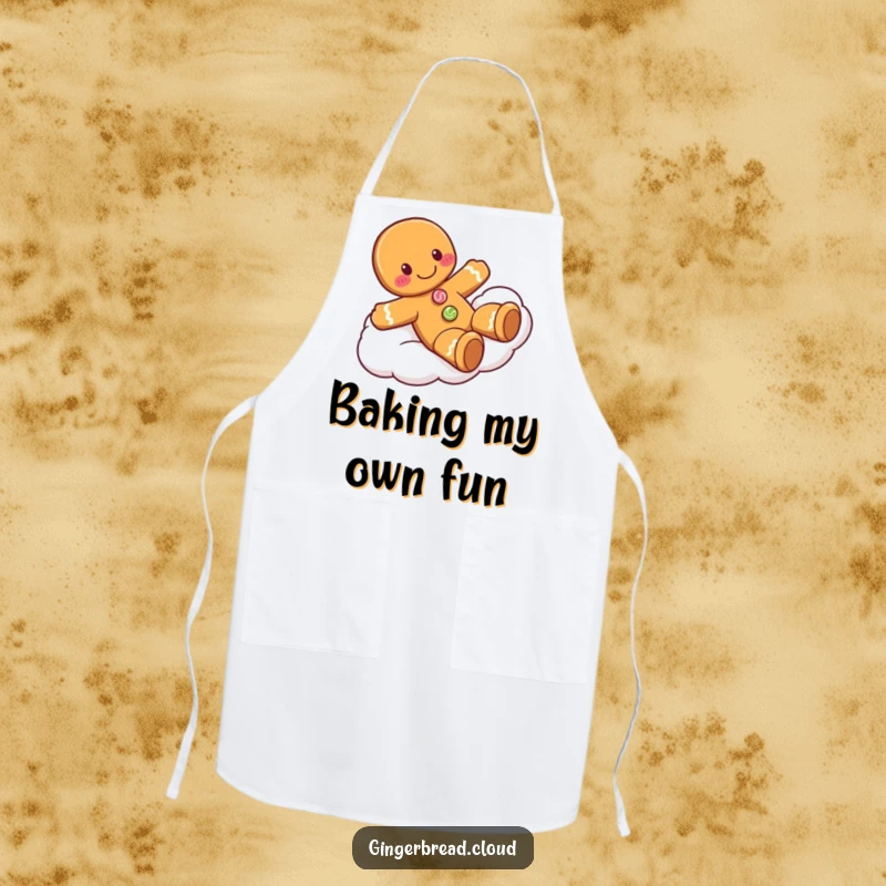 Funny gingerbread man apron featuring a character with candy buttons playfully sliding down a cloud, adding a sweet, humorous touch to cooking.