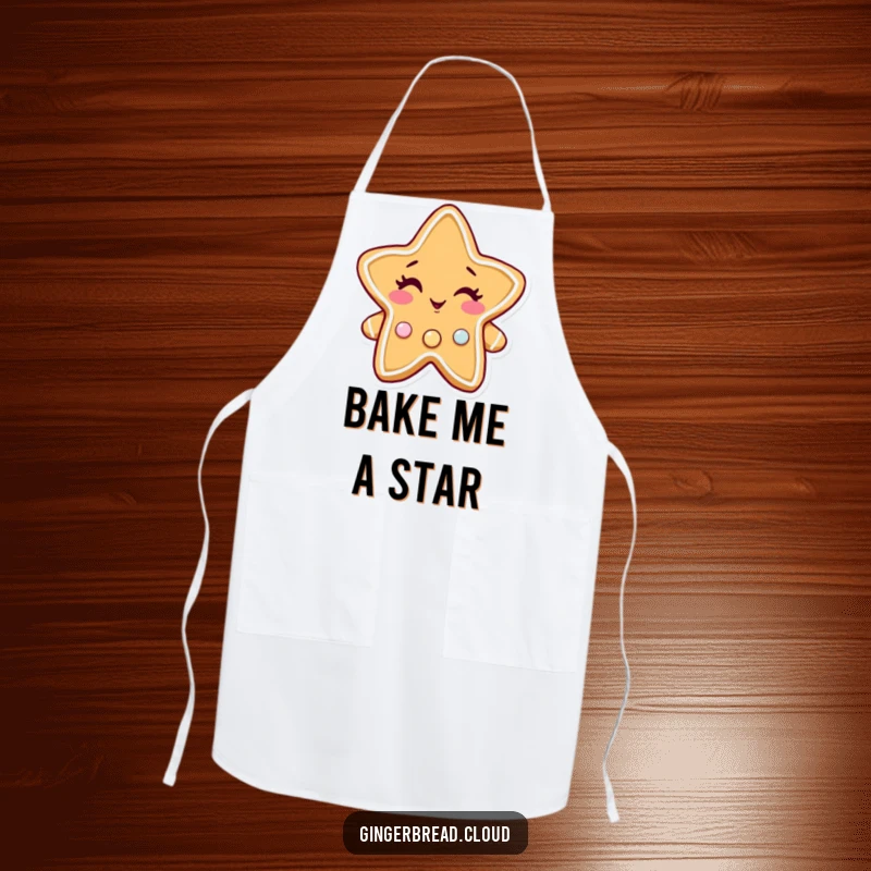 Funny gingerbread star apron, a cheerful winking character with twinkling candy buttons, practical and humorous kitchen wear.