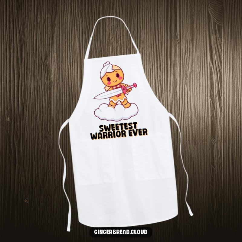 Funny apron showing a determined gingerbread person warrior with a candy cane sword, standing on a cloud, ready to tackle any recipe.