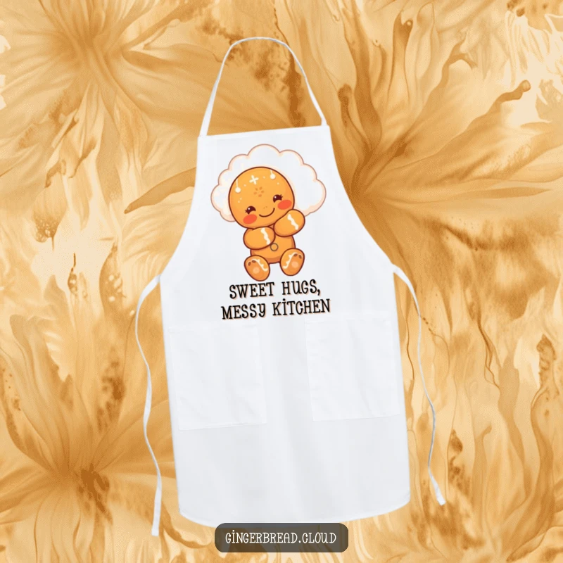 Funny apron showing a cute gingerbread man hugging a smiling cloud, adding a loving and playful touch to kitchen tasks.