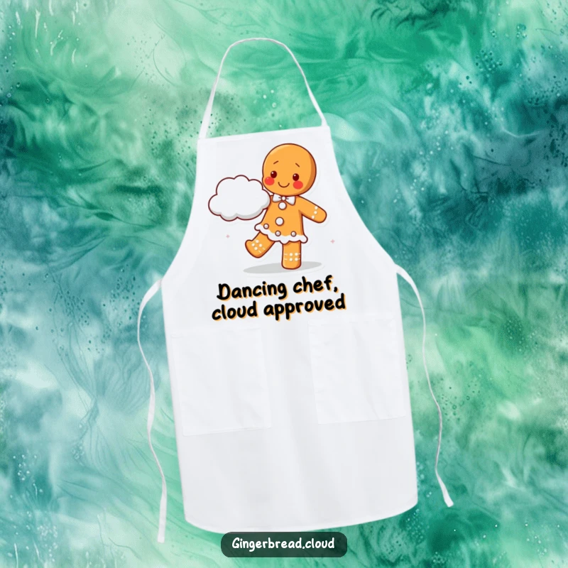 Happy gingerbread character dancing with a cloud partner, illustrated on a kitchen apron for joyful cooking and baking.