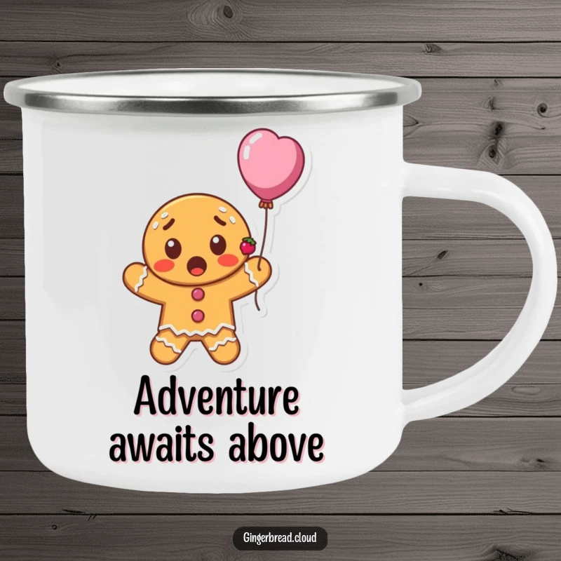 Funny surprised gingerbread cookie character with currants floating upwards on a balloon, durable camping mug, whimsical and cheerful outdoor accessory.
