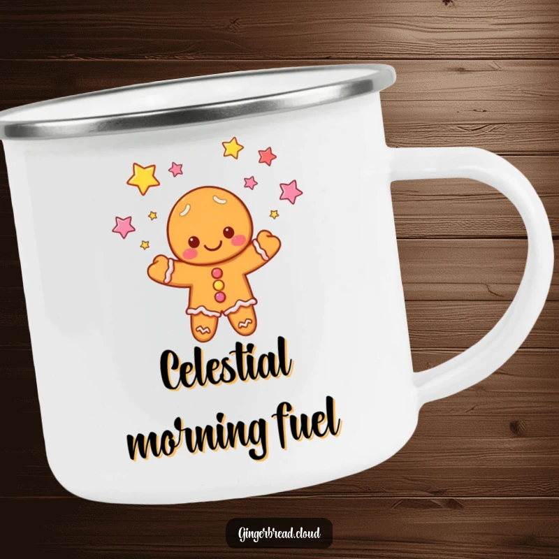 Funny camping mug: A gingerbread cloud juggles candy stars under an open sky, ready for outdoor adventures.
