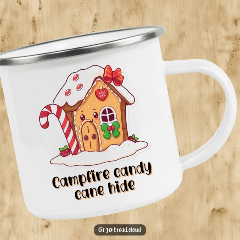 Funny gingerbread house camping mug, a character peeking from behind a candy cane, rugged and charming for outdoor use.