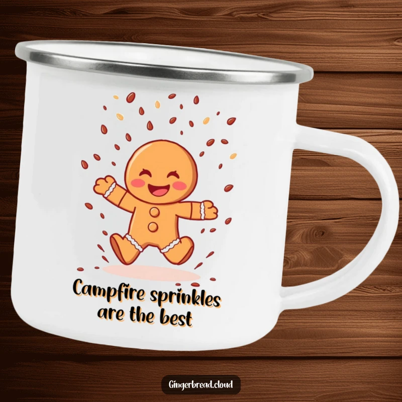 Funny gingerbread man camping mug, rugged and cheerful character leaping through chocolate sprinkles, for outdoor adventures.