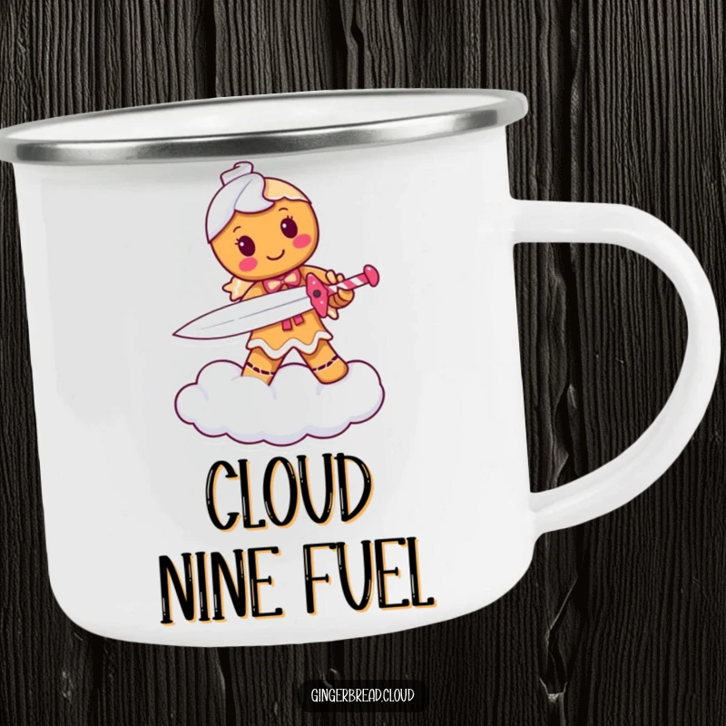 Funny camping mug featuring a determined gingerbread person warrior with a candy cane sword, standing on a cloud, ready for the trail.