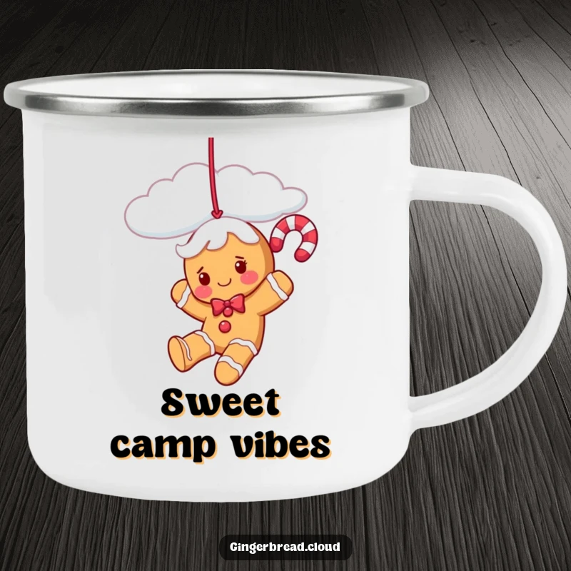 Funny gingerbread candy cane character swinging from a cloud on a durable camping mug, perfect for festive adventures.