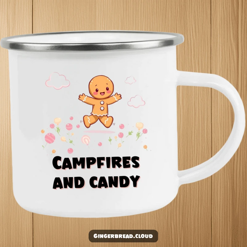 Funny gingerbread person playfully skipping through a field of candy clouds, durable camping mug, whimsical and cheerful outdoor accessory.