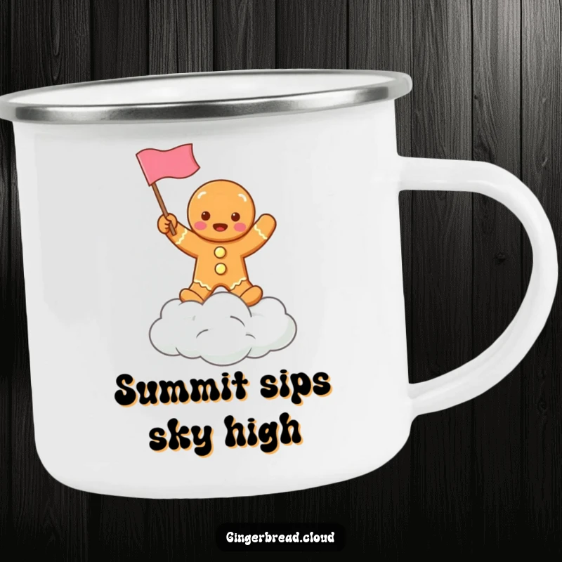 Funny durable camping mug showcasing a gingerbread character waving a flag from a cloud, ready for outdoor holiday adventures.