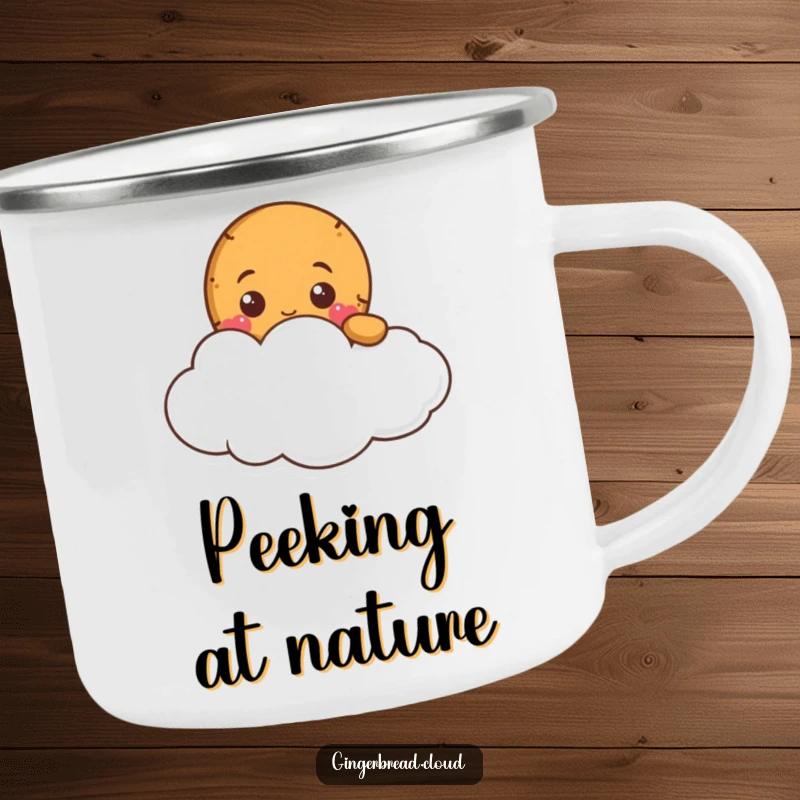 Funny gingerbread character peeking from a cloud on a sturdy camping mug, ready for adventure.
