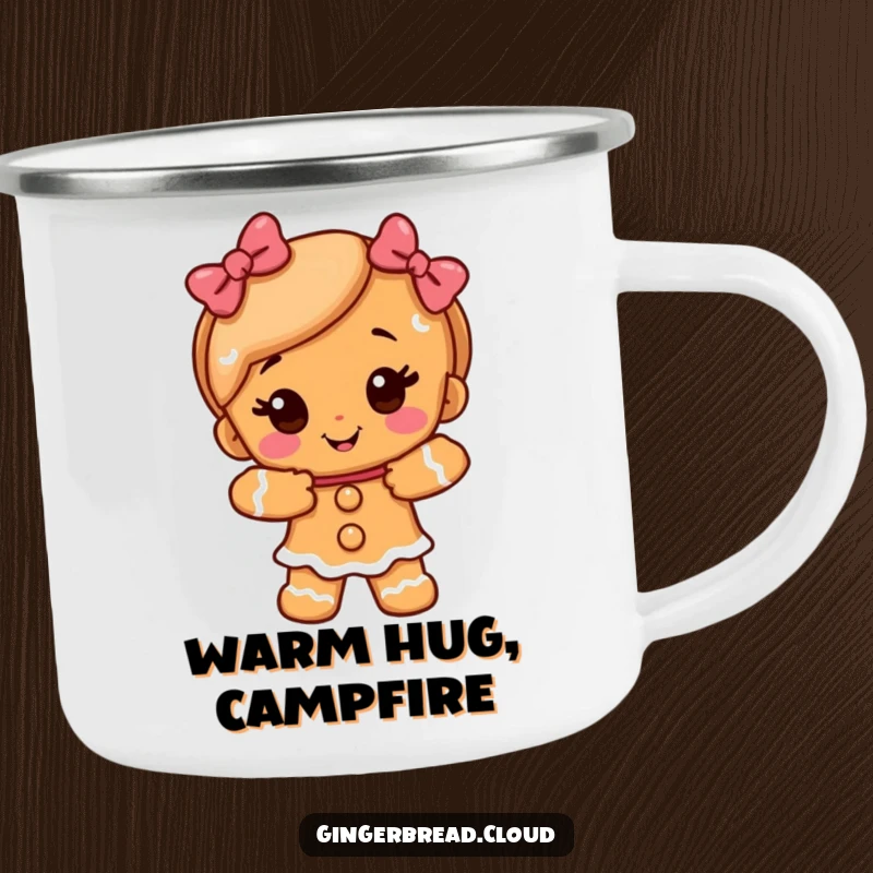 Funny gingerbread girl character offering a warm, sugary hug on a durable camping mug, perfect for outdoor enjoyment.