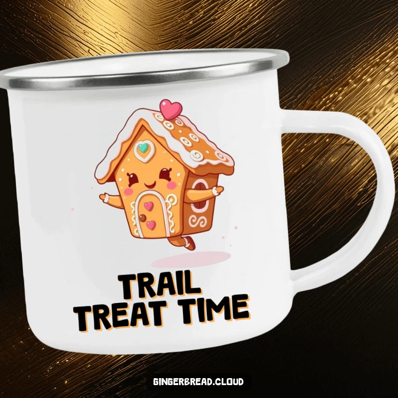 Funny camping mug featuring a gingerbread house character with icing swirls dancing in the sky, suitable for outdoor adventures.