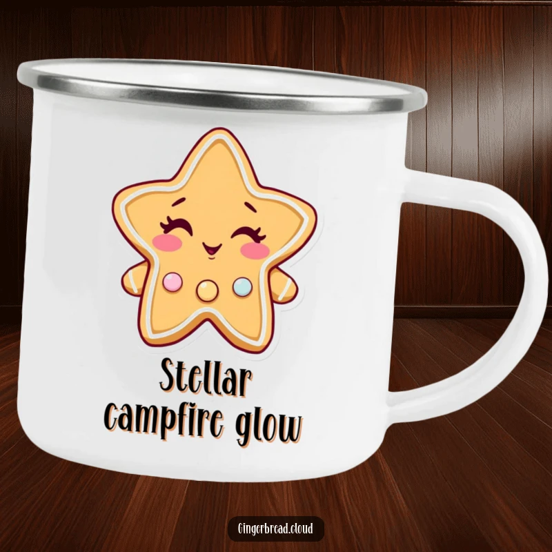 Funny gingerbread star camping mug, a winking character with twinkling candy buttons, rugged and charming for outdoor use.