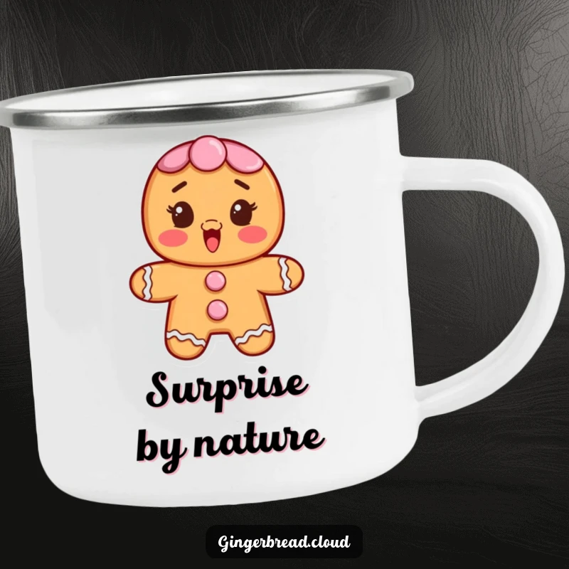 Funny camping mug with a gingerbread character showing surprise and delight, perfect for holiday campers.