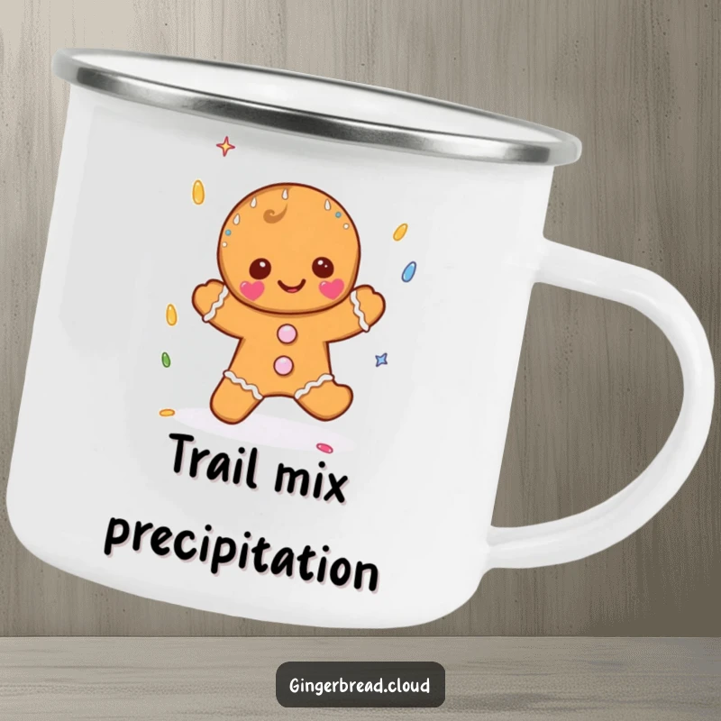 Funny durable camping mug featuring a gingerbread character catching sprinkle-shaped raindrops, perfect for sweet sips on the go.