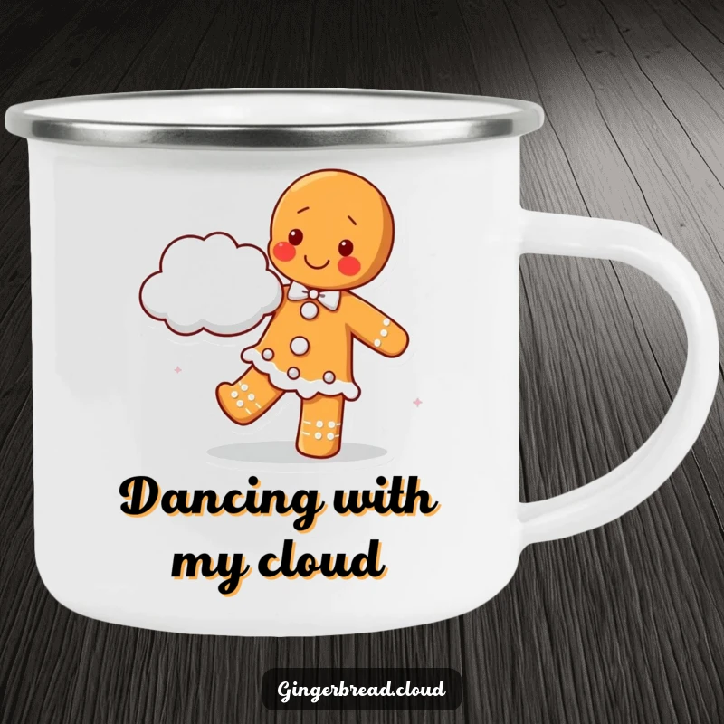Happy gingerbread cookie character dancing with a cloud partner, designed for a rugged camping mug, bringing joy to outdoor activities.