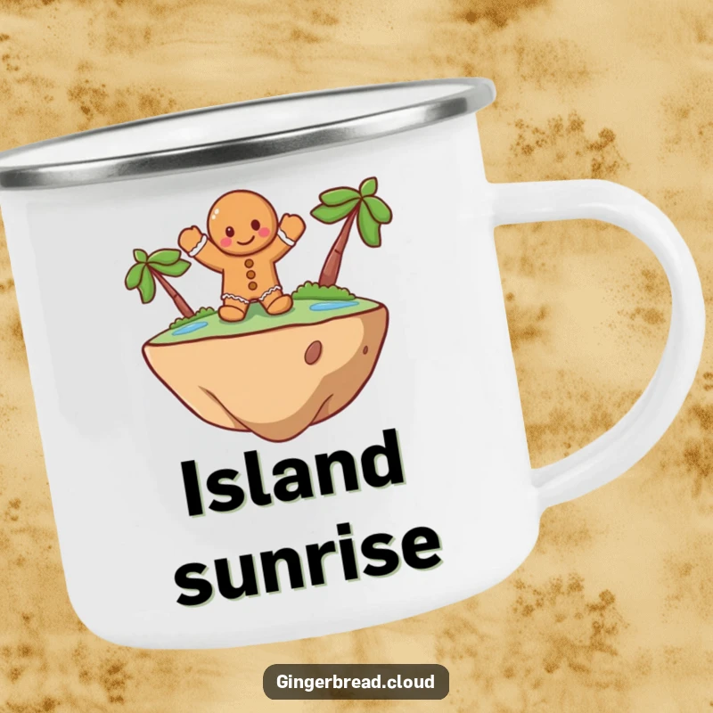 Funny Camping Mug featuring a cheerful gingerbread man waving from a floating island, a humorous and durable cup for outdoor enjoyment.