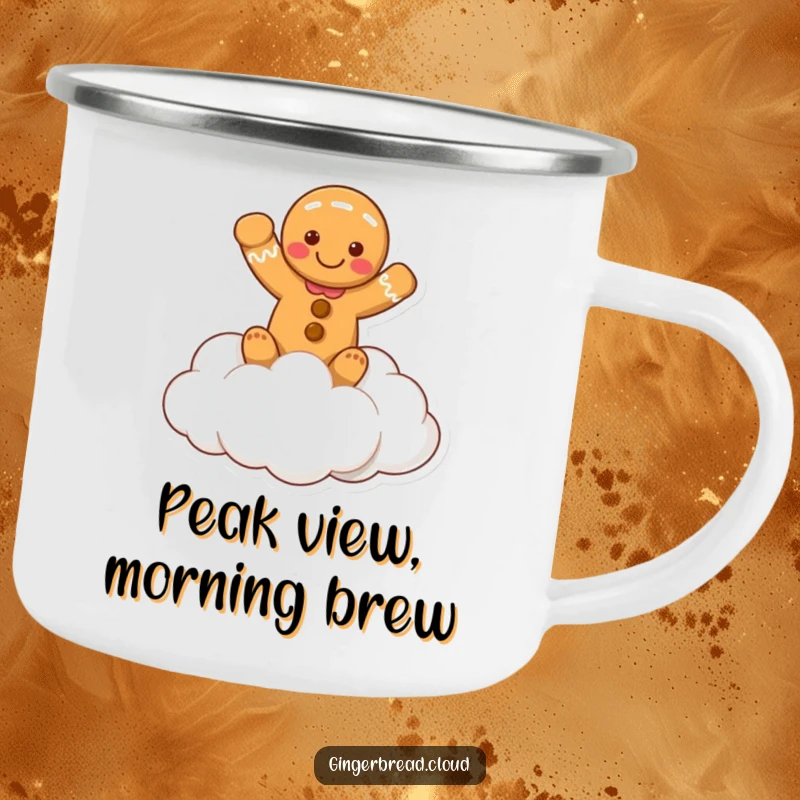 Funny camping mug featuring a gingerbread person waving from a cloud, perfect for enjoying drinks during outdoor activities.