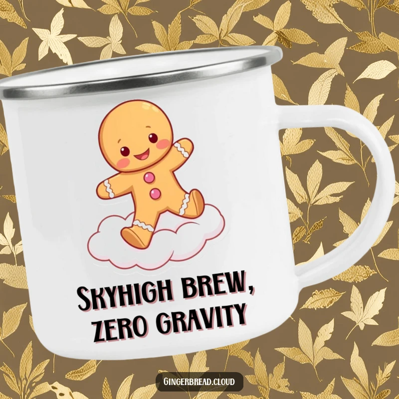 Funny camping mug with a gingerbread person skipping on a cloud, perfect for hot beverages during outdoor adventures.