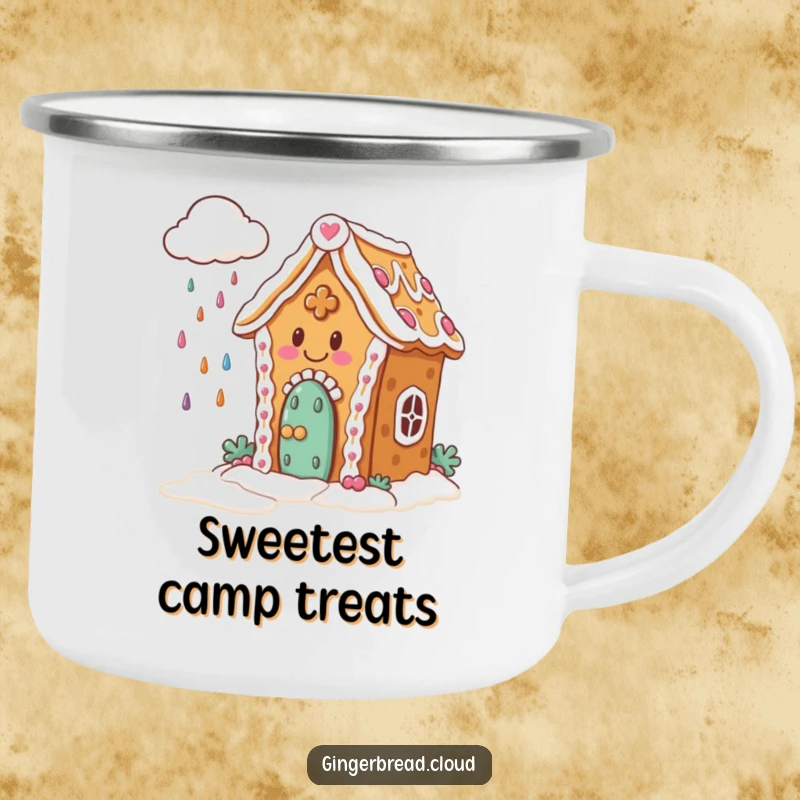 Funny Camping Mug: Enamel mug with a happy gingerbread house with icing, watching a cloud rain colorful candies.