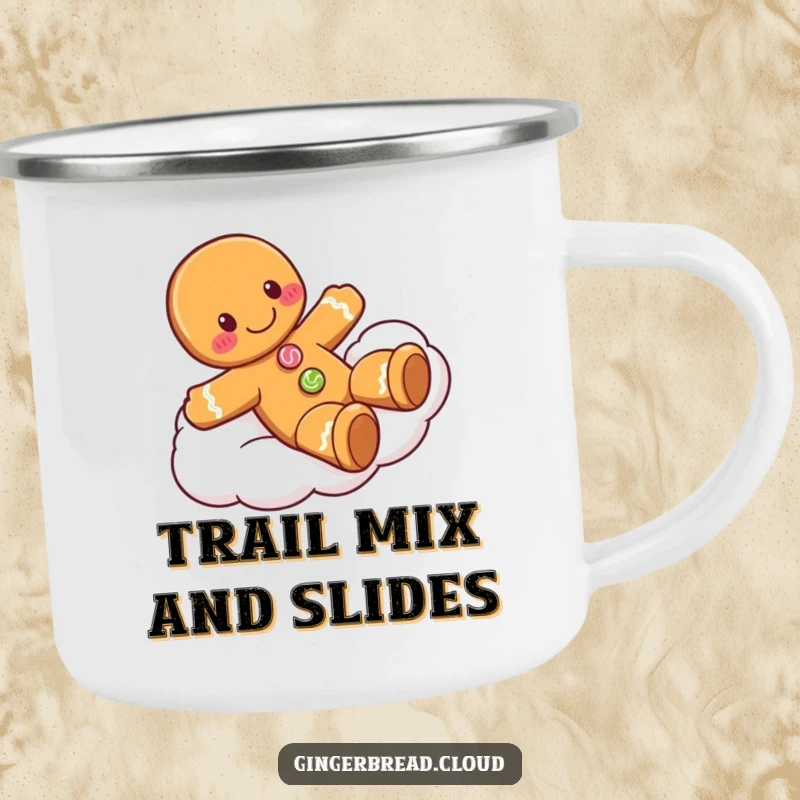 Funny gingerbread man camping mug showing a happy character sliding down a cloud, ready for sweet sips and outdoor fun.