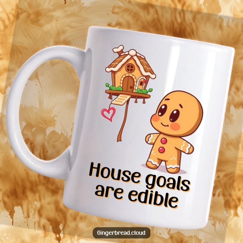 A gingerbread man with large, wide eyes looking upwards in awe at a gingerbread house floating in the sky, on a mug.