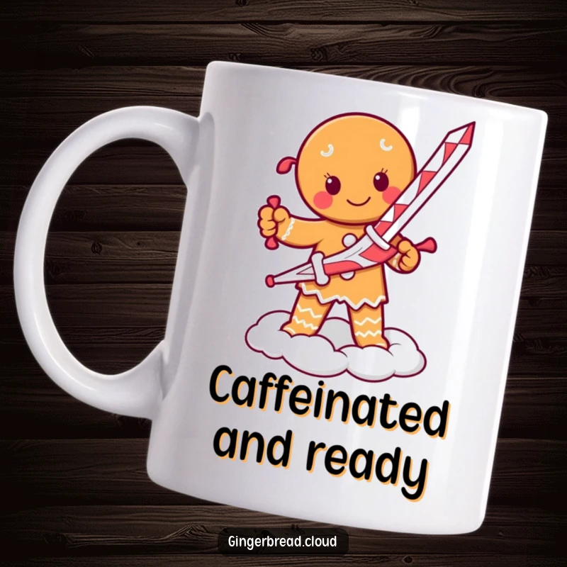 Funny mug showing a determined gingerbread person wielding a candy cane sword, standing bravely on a cloud.