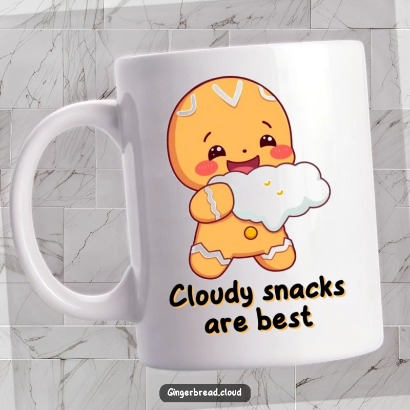 A cheerful gingerbread character joyfully taking a huge bite out of a fluffy cloud, depicted on a mug for happy enjoyment.