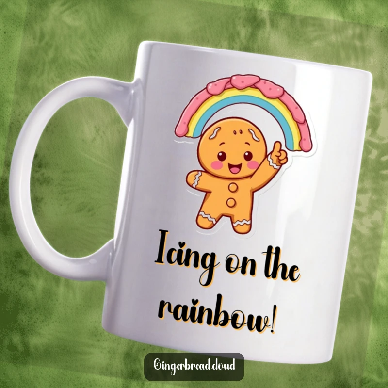 Excited gingerbread character pointing with enthusiasm at a vibrant rainbow made of icing, depicted on a mug for cheerful admiration.