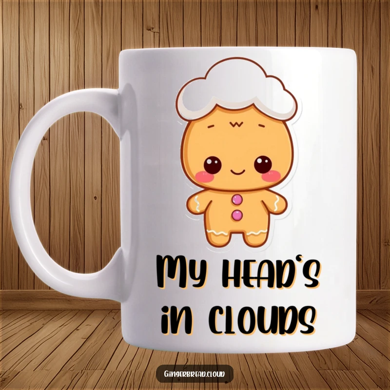Funny mug showing a gingerbread character wearing a small, fluffy cloud hat, exuding sweet and whimsical charm.