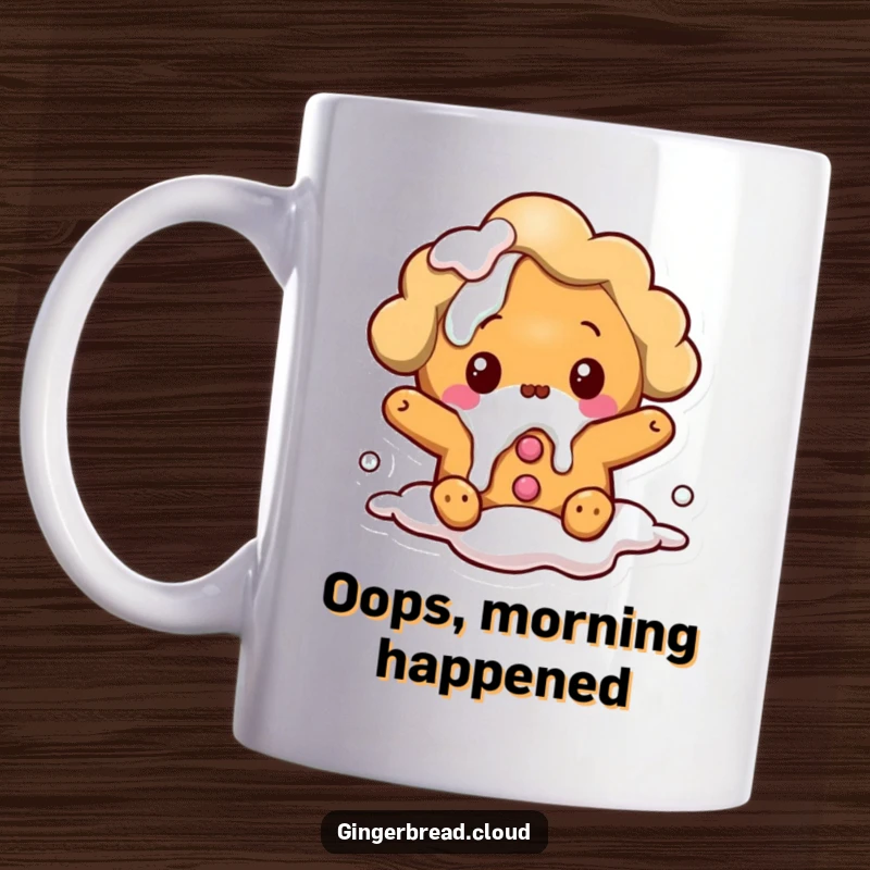 Funny mug: A gingerbread cloud character looks comically surprised as icing spills from its body.