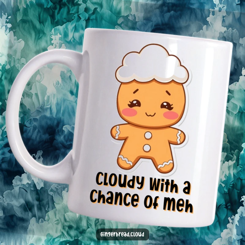 Funny gingerbread man making a silly face while wearing a small cloud hat, a humorous and quirky character for a fun mug.