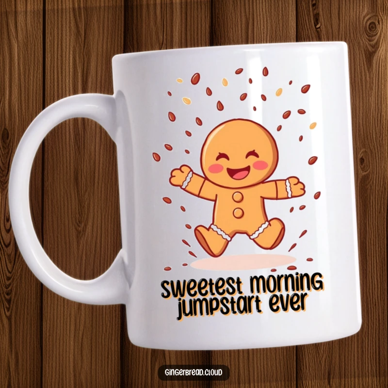 Funny gingerbread man mug, joyfully leaping through a shower of chocolate sprinkles, a whimsical and happy character.