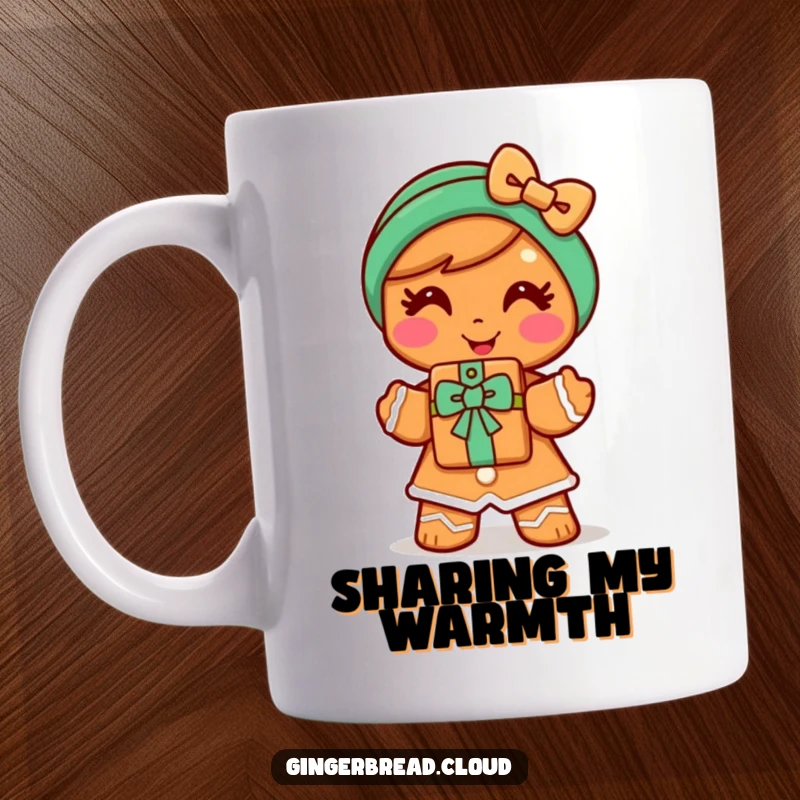 Funny gingerbread woman mug showing a cheerful character offering a cookie gift with a warm smile, embodying kindness and sweetness.