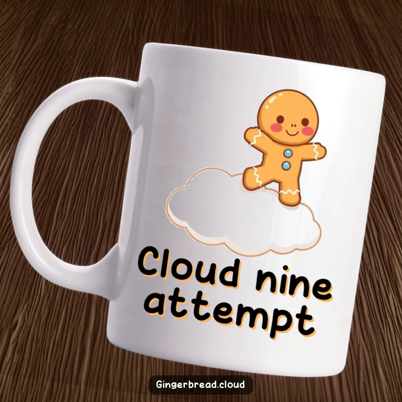 Funny lopsided gingerbread man comically attempts to hop onto a fluffy cloud, showcasing a whimsical and amusing struggle, perfect for gifting.