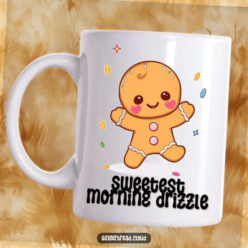 Funny gingerbread character happily catching sprinkle-shaped raindrops, a charming and humorous mug design for sweet celebrations.