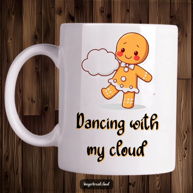 Happy gingerbread character joyfully dancing with a fluffy cloud as its partner, depicted on a mug for cheerful enjoyment.