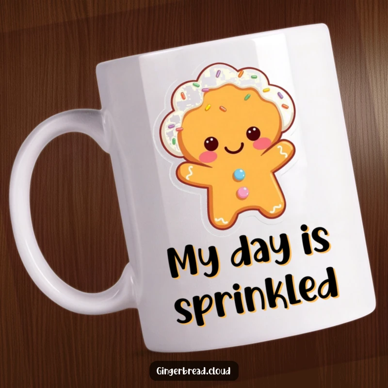 Funny mug featuring a gingerbread cloud character smiling with sprinkles falling, sweet and delightful for any kitchen.